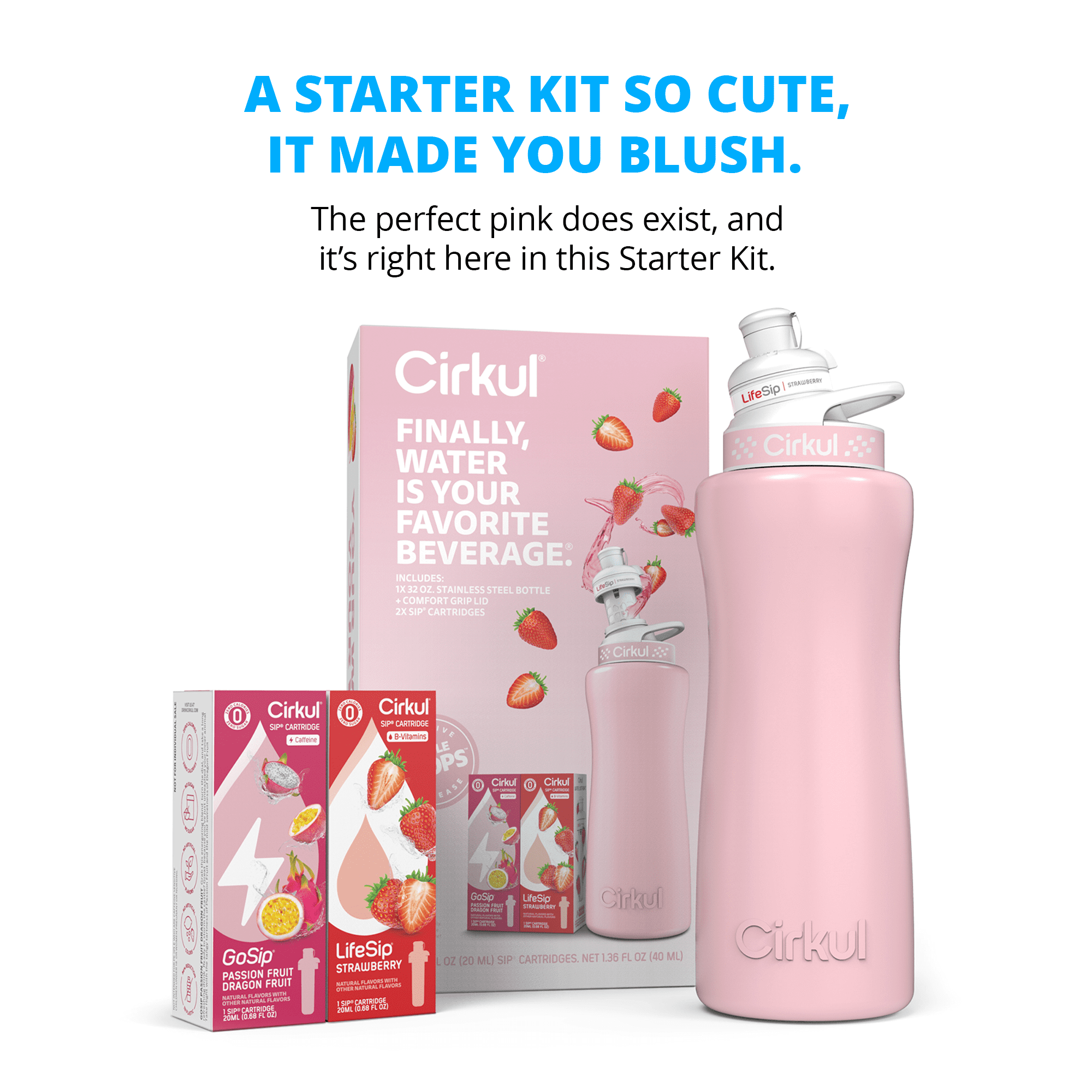 Cirkul 32oz Blush Pink Stainless Steel Starter Kit with Light Pink & White Cirkul Lid 2.0 and 2 Flavor Cartridges (Strawberry & Passion Fruit Dragon Fruit)