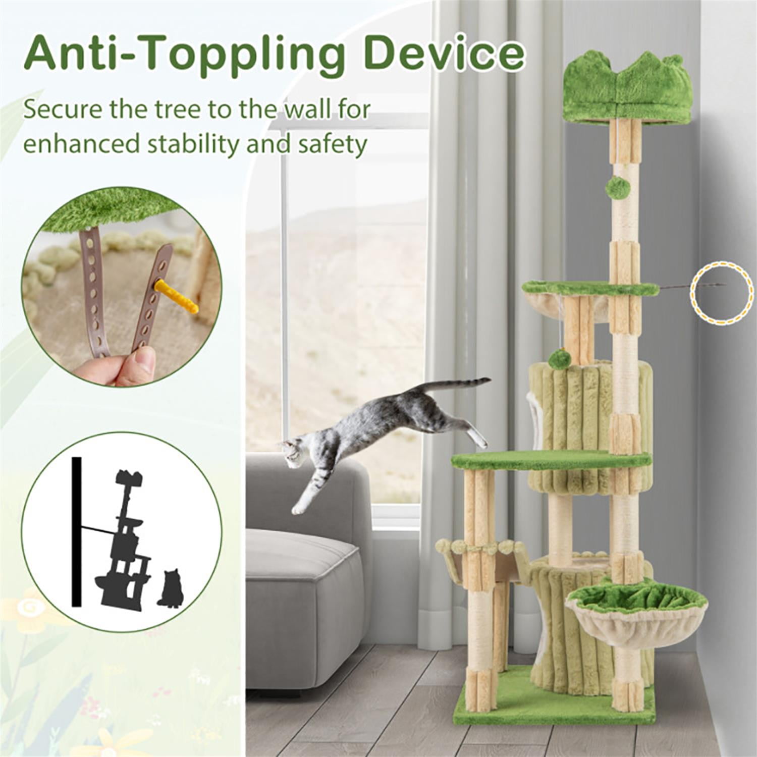 resenkos 63" Cat Tree with Toy, Cat Tower Condo for Indoor Cats with 2 Condos, Cozy Hammock and Sisal Scratching Posts, Green