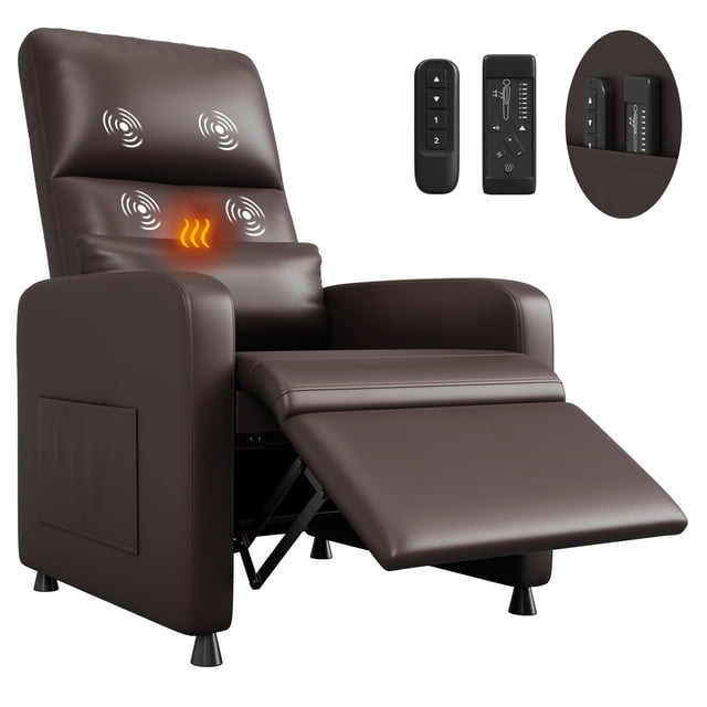 Power Recliner Chair with Massage and Heat with Massage Function with Lumbar Support, Adjustable Push Back, Wide Armrests, Footrest & Padded SeatPU Leather Single Sofa, 2 Side Pockets and USB Port