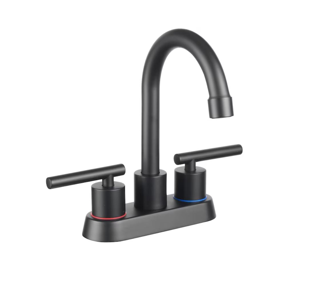 Project Source Larton Matte Black 4-in centerset 2-handle WaterSense High-arc Residential Handle Bathroom Sink Faucet with Drain with Deck Plate