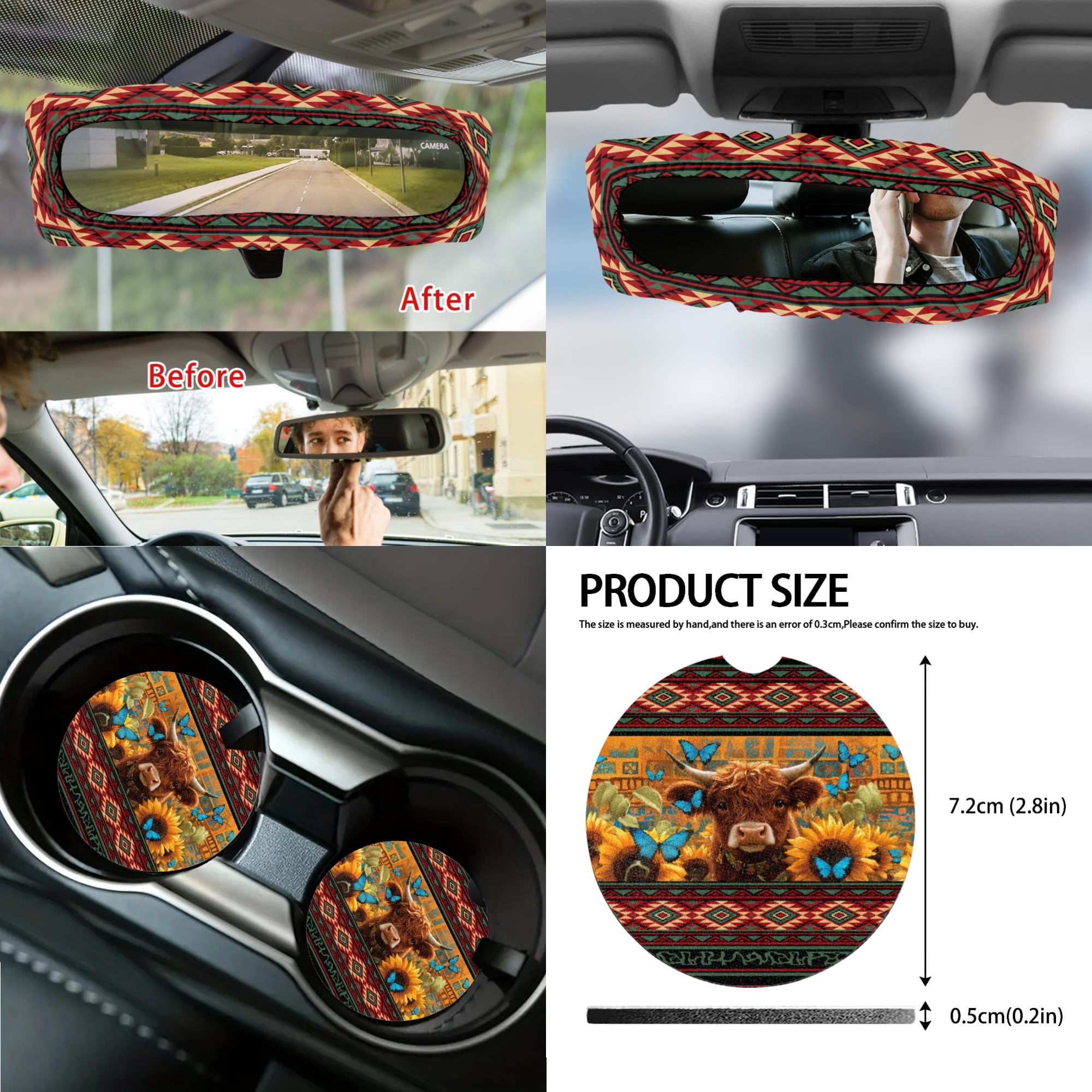 Renewold American Tribal Highland Cow 14 Pack Car Accessories, Auto Seat Protector Steering Wheel Cover Seatbelt Strap Pad Trash Can Armrest Pad Cup Holders Rearview Mirror Handbrake Cover Set