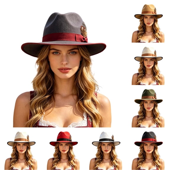 XIAOCHA Womens Ribbon‑Feather Fedora Hat Solid Wide‑Brim Hat Outdoor Festival Hat,Grey