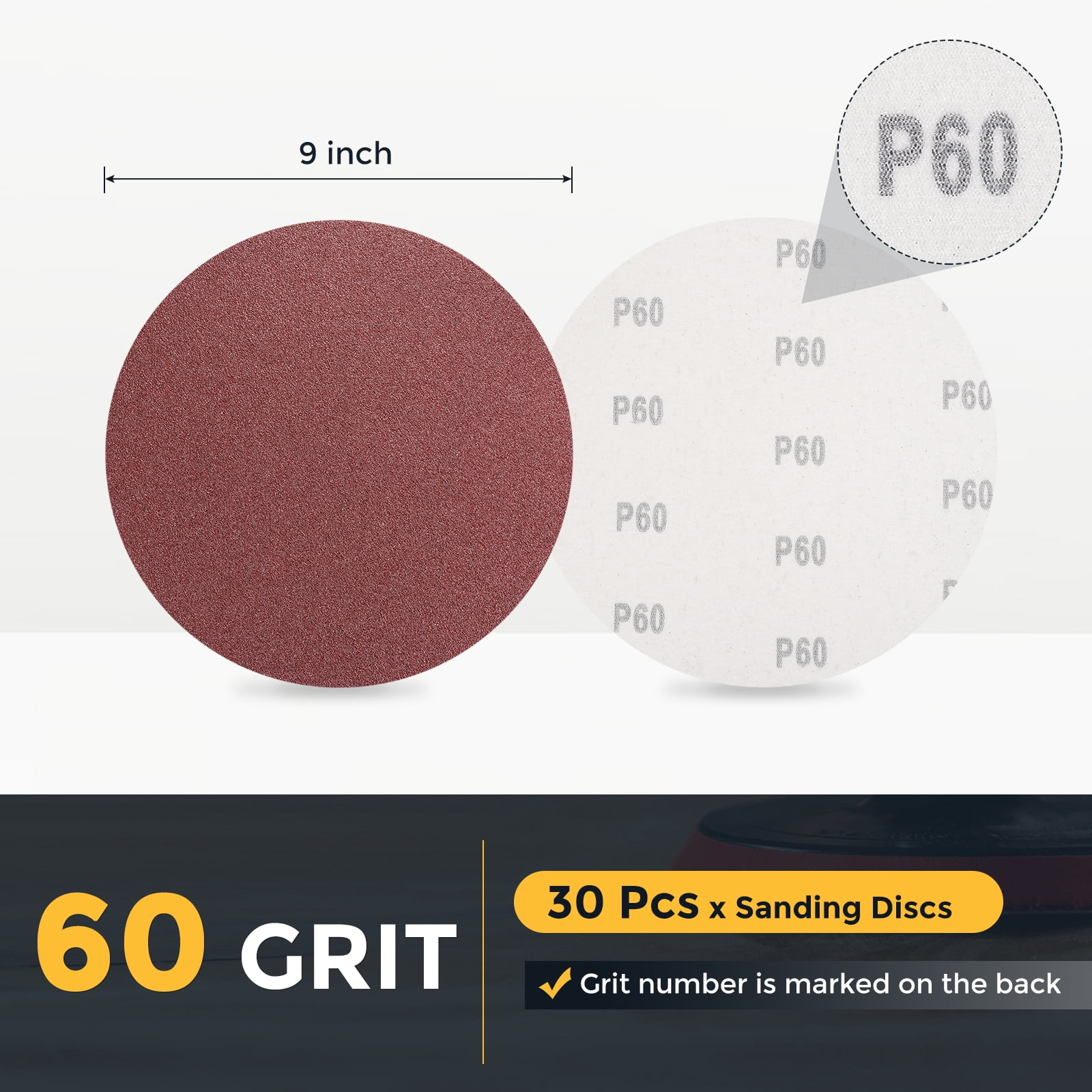 15 Pcs 9 Inch Sanding Disc 60 Grit Hook and Loop Sandpaper Random Orbital Sander Pads for Woodworking Automotive