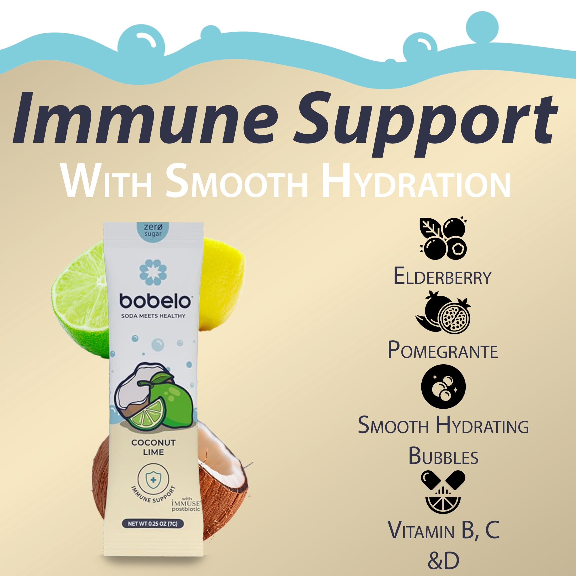 Bobelo Coconut Lime, Electrolyte Powder Drink Mix with Immuse Postbiotic, on-The-Go, 0.25 oz, 15 Ct