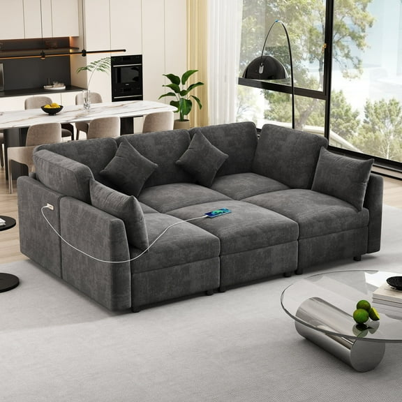 Modular Sectional Sleeper Sofa Bed, Convertible L-Shaped Couch with Charging Station and Movable Ottoman, 5 Seat Chenille Cloud Couch, Black