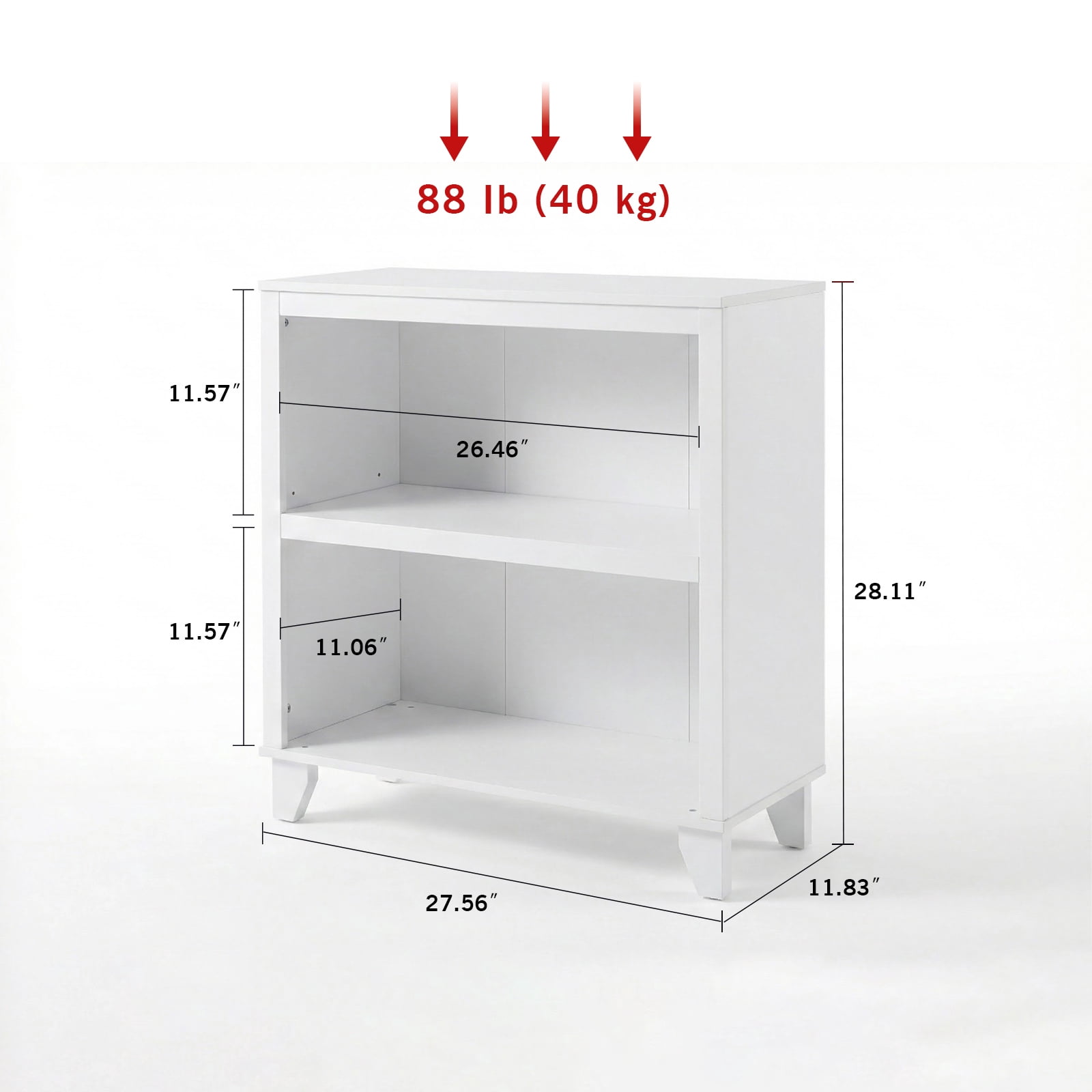 2-Tier Bookcase with Adjustable Shelves，27.56"W x 11.83"D x 28.11"H Floor Standing Open Bookshelf with Wood Legs for Home Office, Living Room, and Bedroom Storage,White