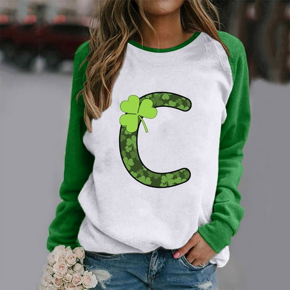 Lilgiuy Women Fashion O-Neck Saint Patrick Print Long Sleeve T-Shirt Long Sleeve Splicing Top for Going Out