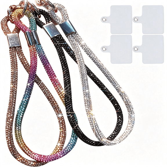 BZCOE 4Pcs Luxury Diamond Phone Wrist Strap,Cell Phone Lanyards for Women,Short Phone Lanyard with Phone Tether Tab,Glitter Phone Strap Wrist Lanyard,Multicolor,Gold,Silver,Black