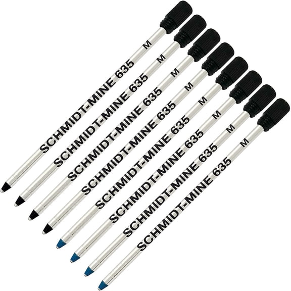 Schmidt 635 D1 Mine Ballpoint Refill - Blue, Black Ink - Medium Tip 0.7mm - Pack of 8 (with Plastic End Cap)