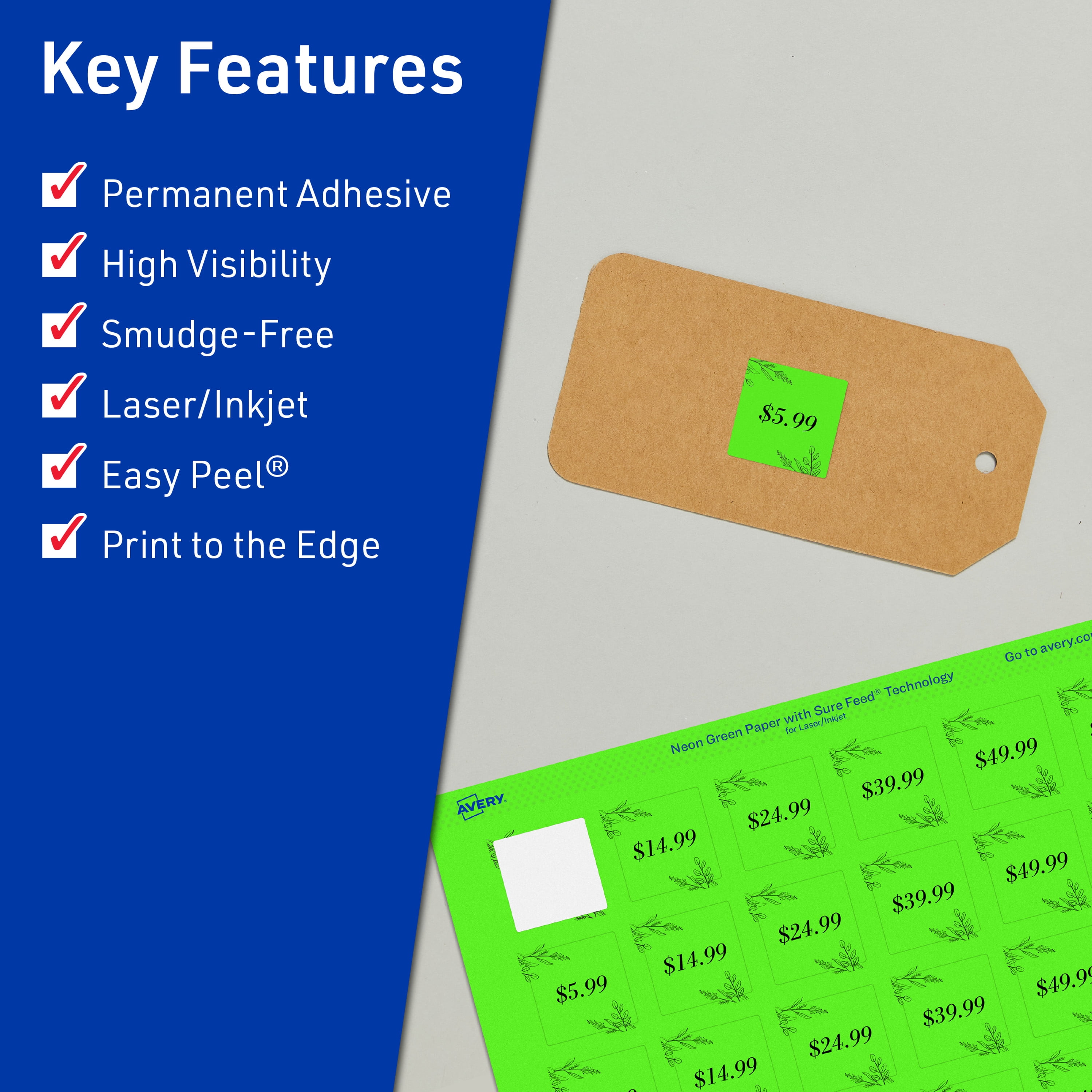 Avery Printable Square Labels, Neon Green, 1.5" x 1.5", 800ct