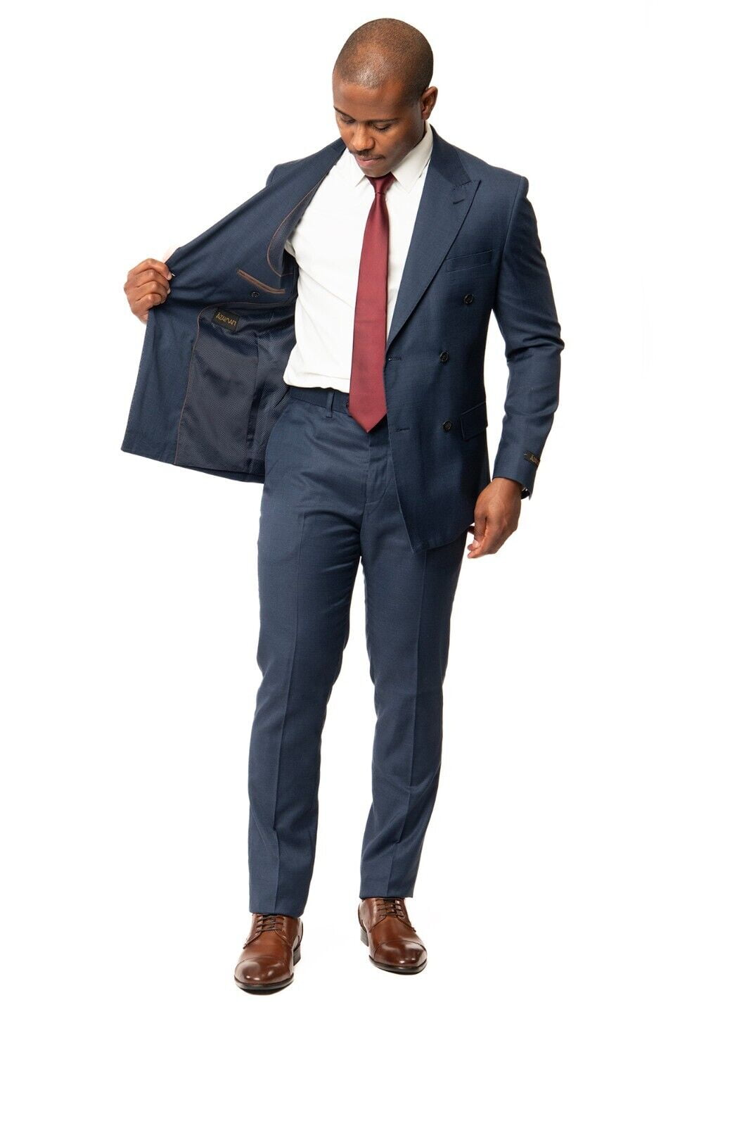 Slim Fit Button Double Breasted Peak Lapel Solid Men's Suit Navy