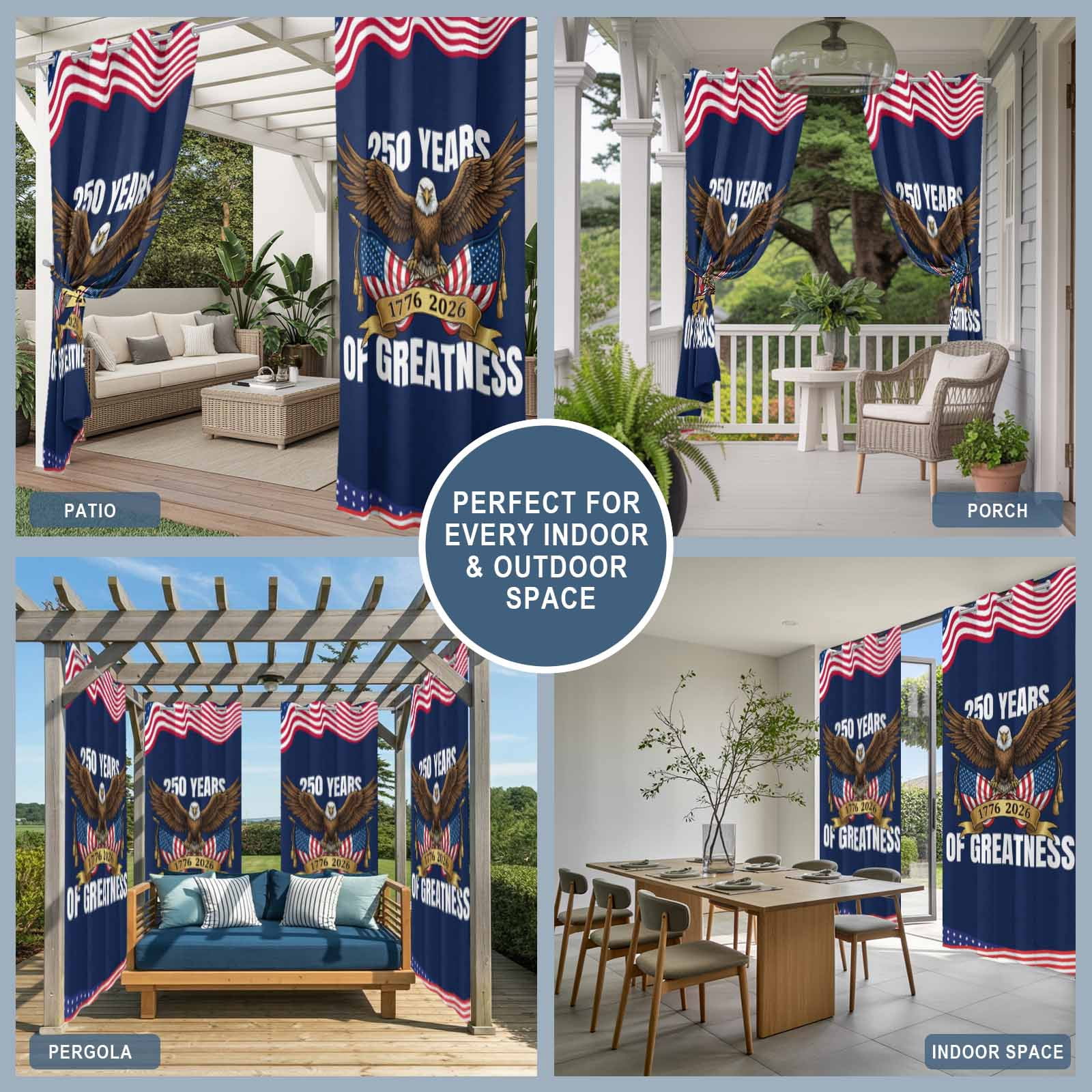 4th of July Outdoor Curtains for Patio, Years of Greatness Bald Eagle Blue Red USA Flag Sunshade Privacy Drapes Grommet Waterproof Outside Curtains for Porch/Cabana/Balcony 54"x 108", 1 Panel