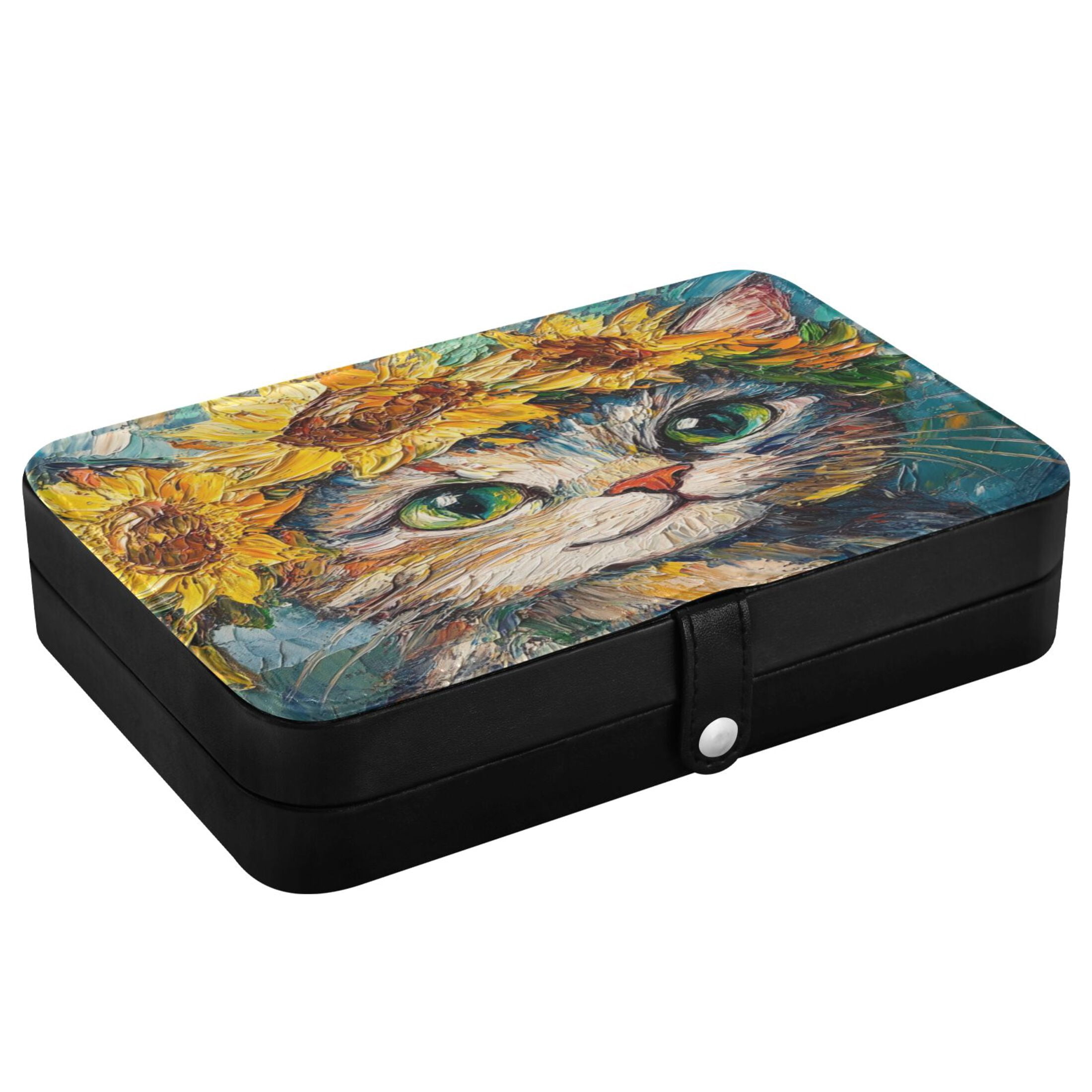 Leather Jewelry Box Rectangular 8.27x5.5x1.78In Travel Jewelry Storage Earrings Necklace Bracelet Watch Brooch Storage Cute Sunflower Cat