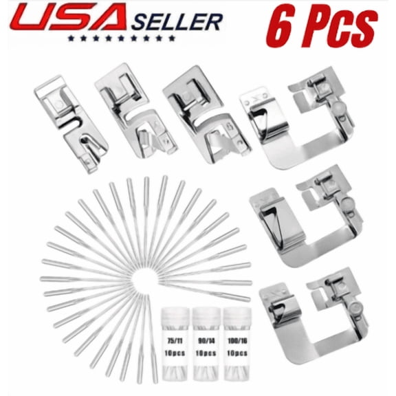 6Pcs Hemming Foot Kit - 3 Pcs Narrow Rolled Hem Sewing Machine Presser Foot