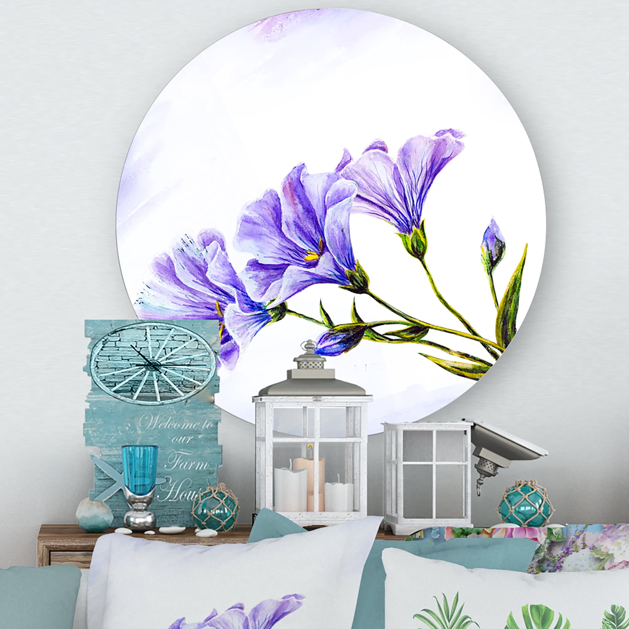 Designart 'Blue Wildflowers With Leaves II' Traditional Circle Metal Wall Art 23x23 - Disc of 23
