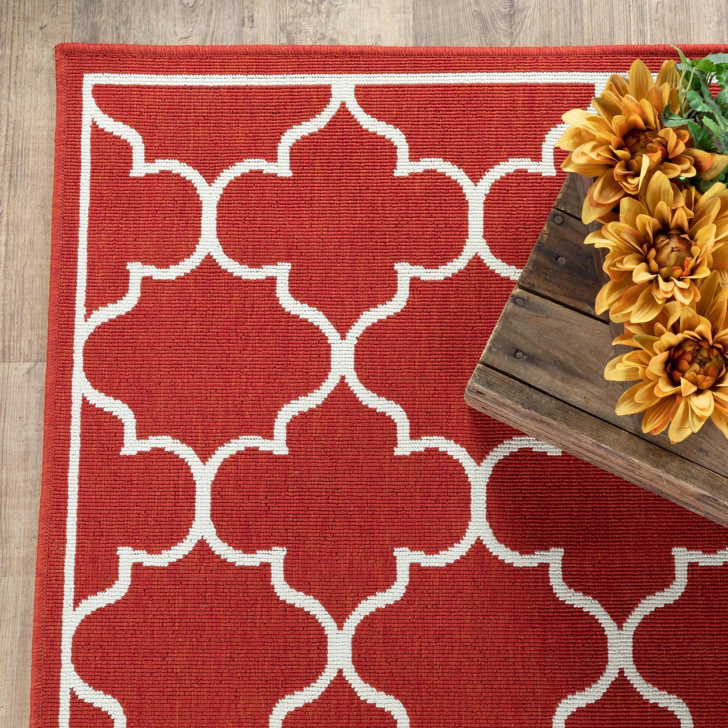 Oriental Weavers Meridian Indoor/Outdoor Rug - 1295R - 6'7" x 9'6" - in Red/ Ivory - Moroccan Style, Water, Stain and Fade Resistant, Hose Clean, Patio, Outdoor Living Area Rug