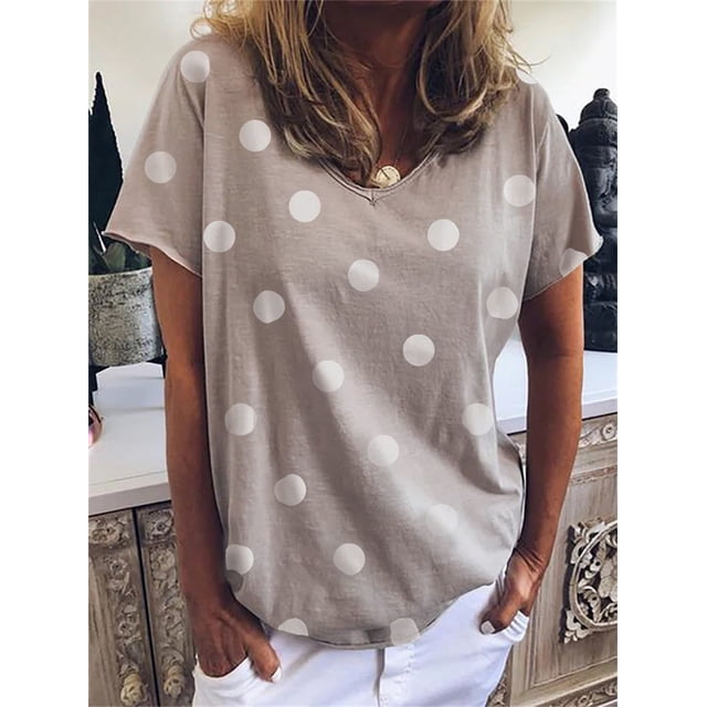 Camiseta holgada con estampado de lunares para mujer, camisetas de manga corta con cuello en V para mujer, Tops básicos versátiles informales de moda diaria 2023