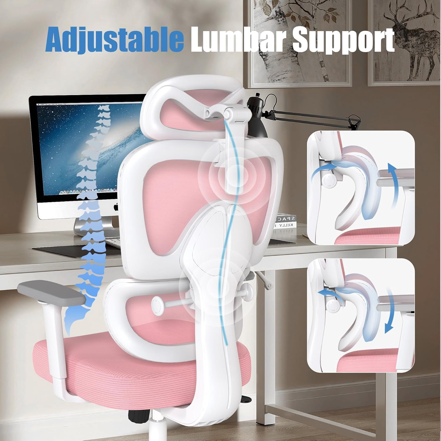 Office Chair Ergonomic Desk Chair, High Back Gaming Chair, Reclining Comfy Home Office Chair Lumbar Support Breathable Mesh Computer Chair Adjustable Armrests Pink