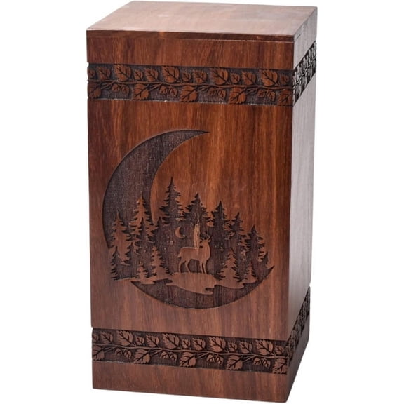 Handcrafted Rosewood Urn For Human Ashes - Beautifull Moon And Deer Tree Wooden Box - Cremation Urn For Pets Handmade Burial Urn Box For Loving Memories (Rosewood, S(8X4.75”)115Cu)