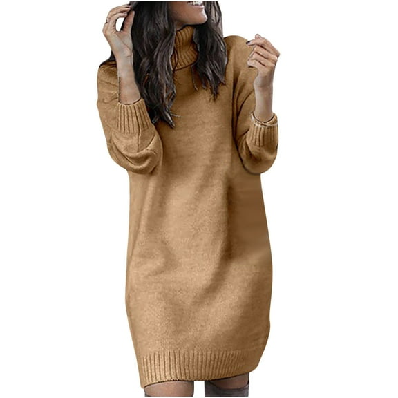 LYXSSBYX Long Sleeve Dresses Hot Sale Clearance Women's Turtleneck Knitted Jumper Sweater Long Sleeve Elegant Casual Dress