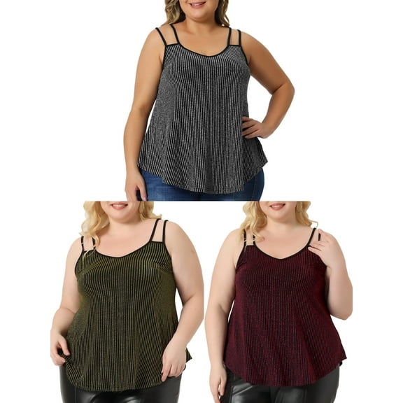 NOMADIC NOOK Women's Plus Size V Neck Sparkle Silvery Packs Spaghetti Strap Cami Tank Tops
