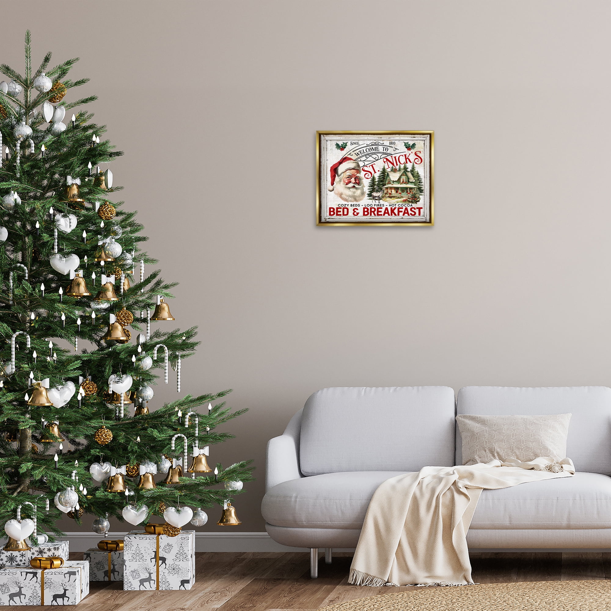 Stupell Industries St Nick's Bed & Breakfast Holiday Painting Gold Floater Framed Canvas Art Prints Wall Art, 21 x 17