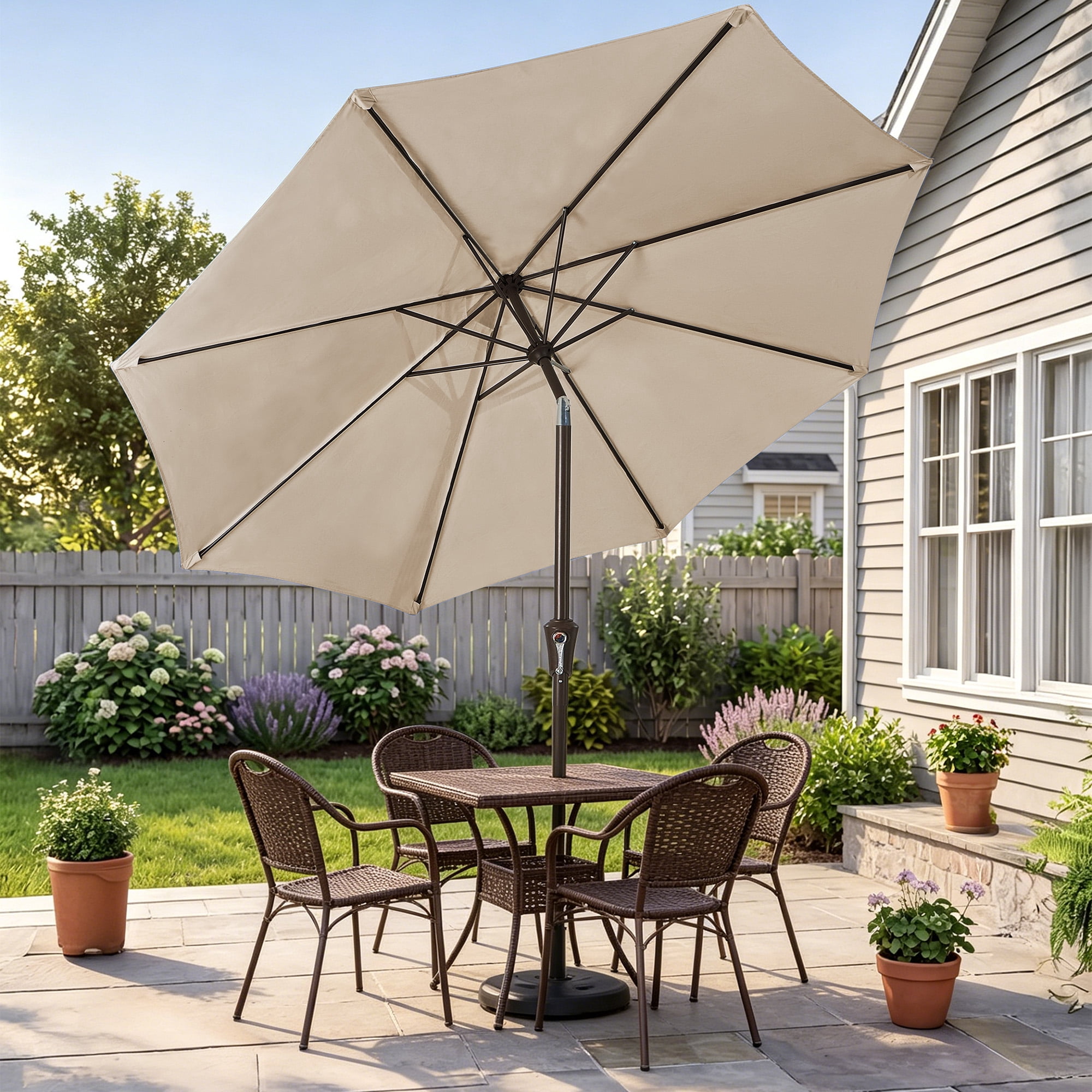 NAPWANT 9ft Patio Umbrella, 8 Sturdy Ribs Outdoor Table Umbrella with Push-Button Tilt & Crank for Garden, Deck, and Pool Beige