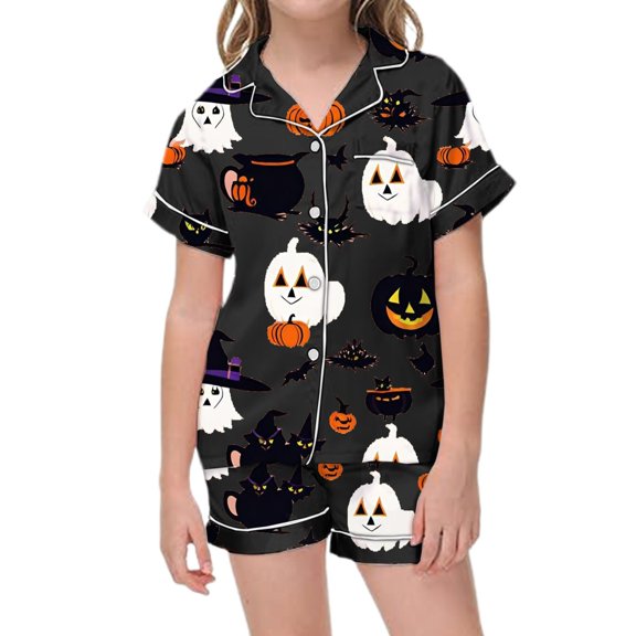 CONROSES Girls Halloween Pajamas Hallowmas Pumpkin Ghost Graphic Short Sleeve Pjs Tops Shorts Loungewear Sets Cozy Nightwear Sleepwear