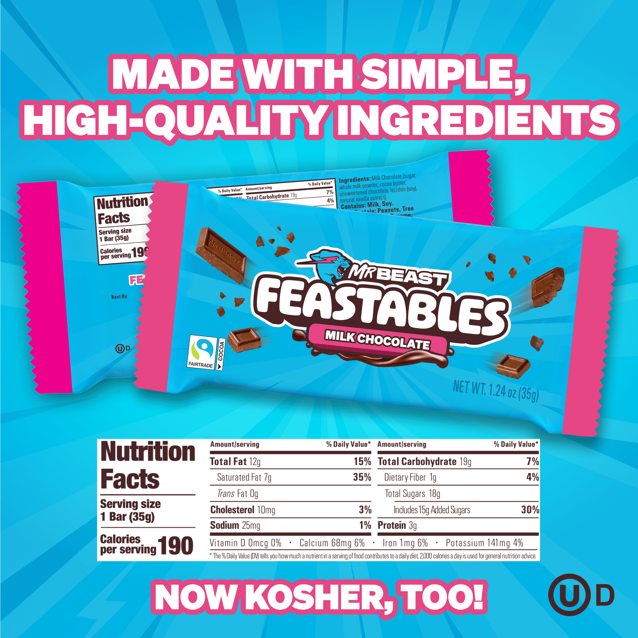 (2 pack) Feastables Mr Beast Milk Chocolate Bar, 1.24 oz (35g), 1 Bar