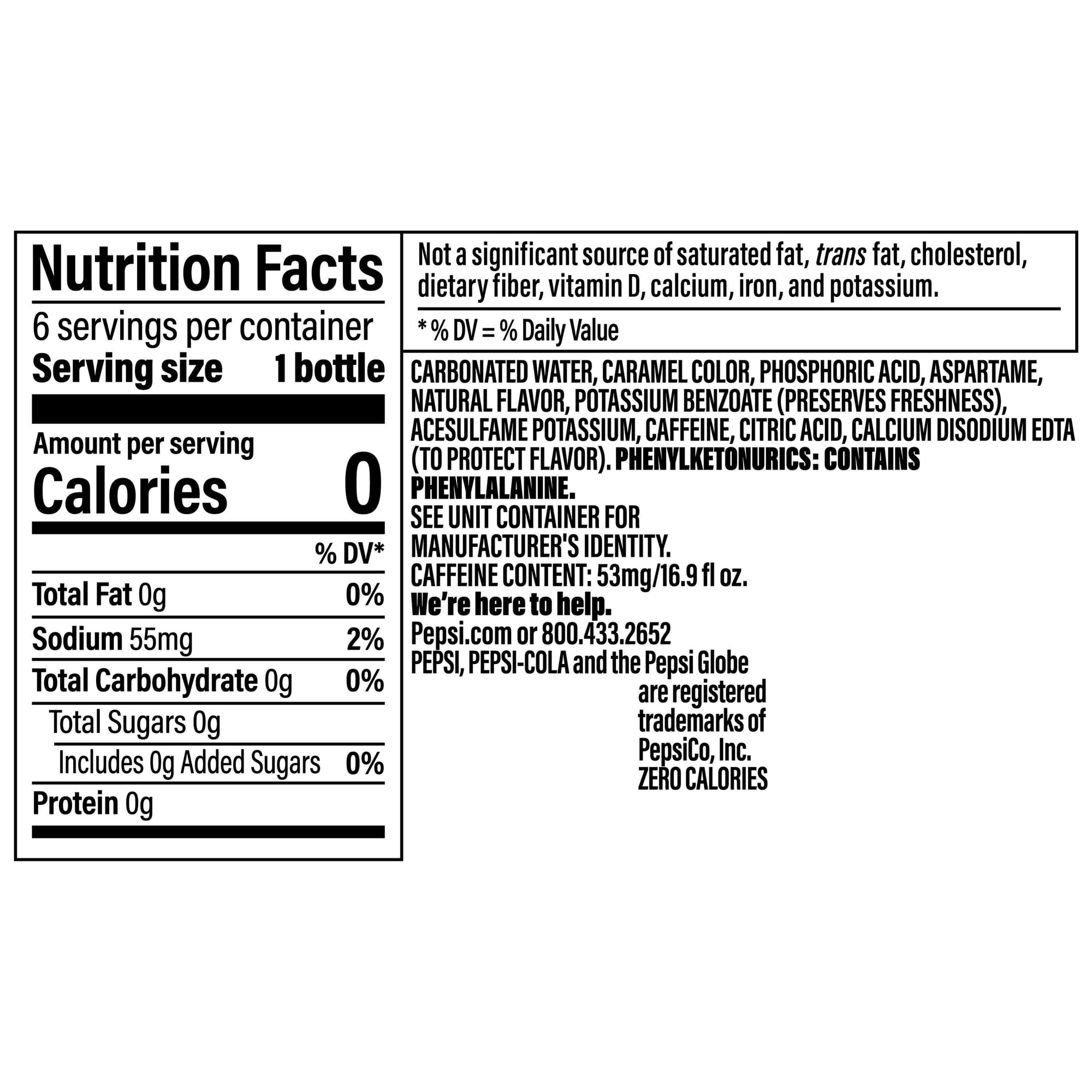 Pepsi Cola Zero Sugar Soda Pop, 16.9 fl oz, 6 Pack Bottles