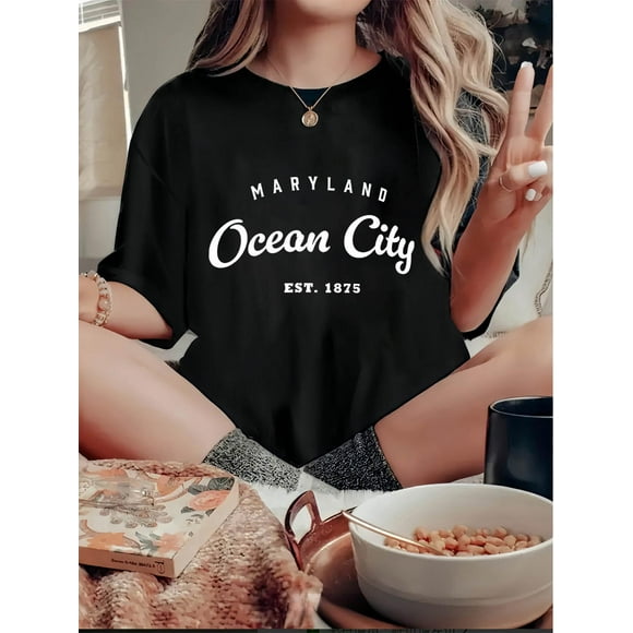 1pc Maryland Ocean City Est. 1875 Graphic Print T-Shirt, Casual Crew Neck Short Sleeve Tee, Polyester Knit Fabric with Medium Stretch, All-Season Fashion Top for Women