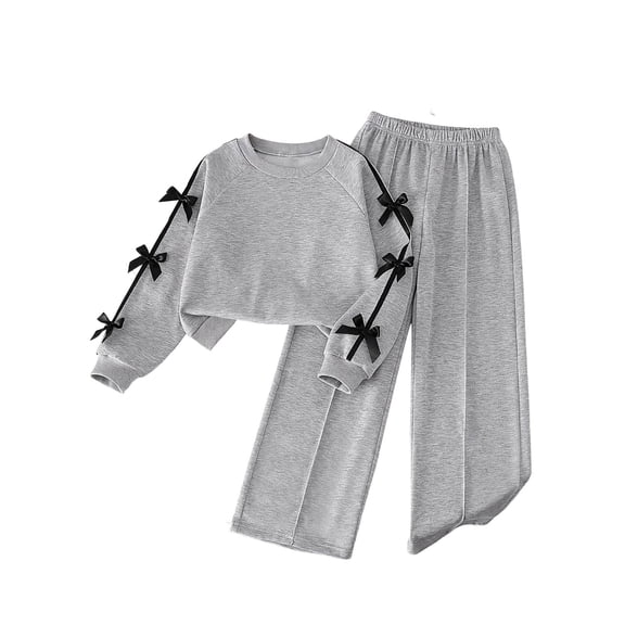 Hudaneo Tween Girls Bow Applique Sleeve Top and Pleated Wide Leg Pants Matching Set, Gray 10-11 Years