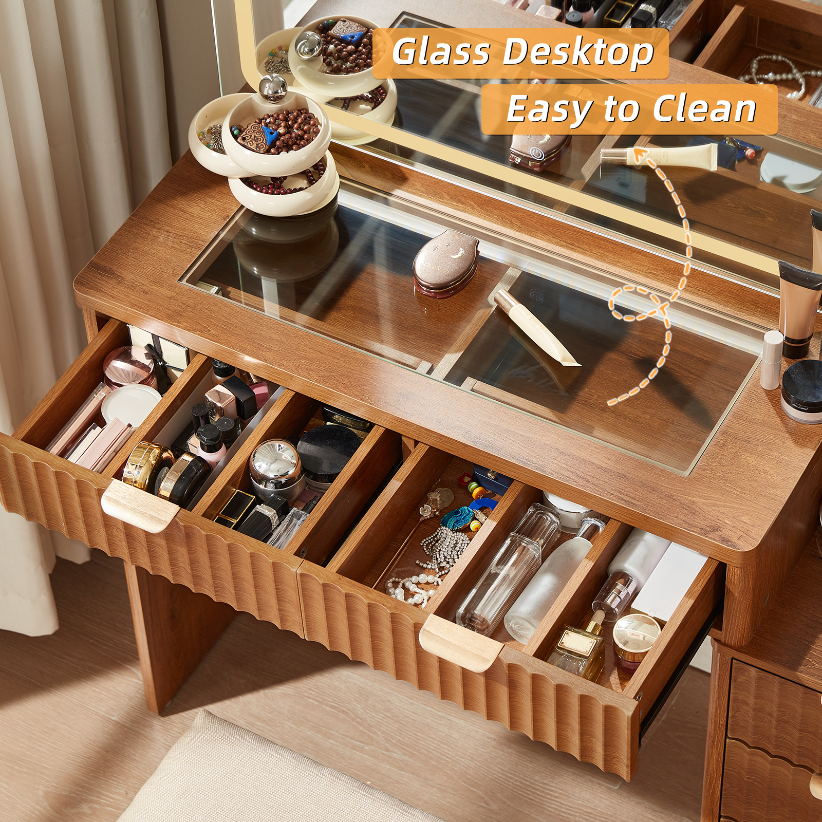 43.5" Fluted Vanity Desk with Mirror, LED Light, Power Outlet, Makeup Vanity with Storage Cabinet and Foldable Panel, Vanity Set with Cushioned Stool - Brown