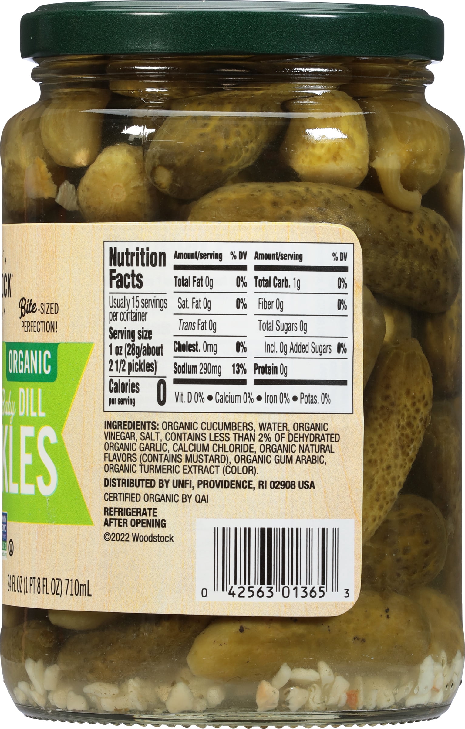(3 pack) Woodstock Foods Organic Kosher Baby Dill Pickles, 24 oz Jar, Serving Size 2 Pickles, Servings Per Container 14