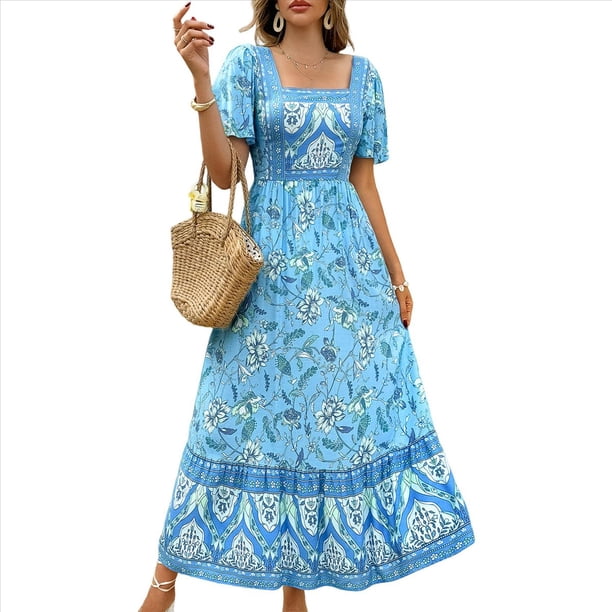 Vestido Informal, Fluido, con Estampado Floral Bohemio, de Corta y Corte Escalonado para Mujer (Verano 2025) Azul M