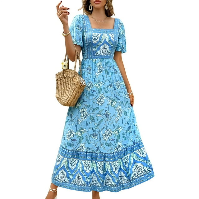 Vestido Informal, Fluido, con Estampado Floral Bohemio, de Corta y Corte Escalonado para Mujer (Verano 2025) Azul L