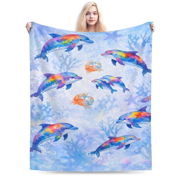 Rainbow Dolphin Ocean Blanket Watercolor Dolphin Throw Blanket Soft Cozy Flannel Sea Animal Blanket Kids Nursery Ocean Decor Gift 50x40