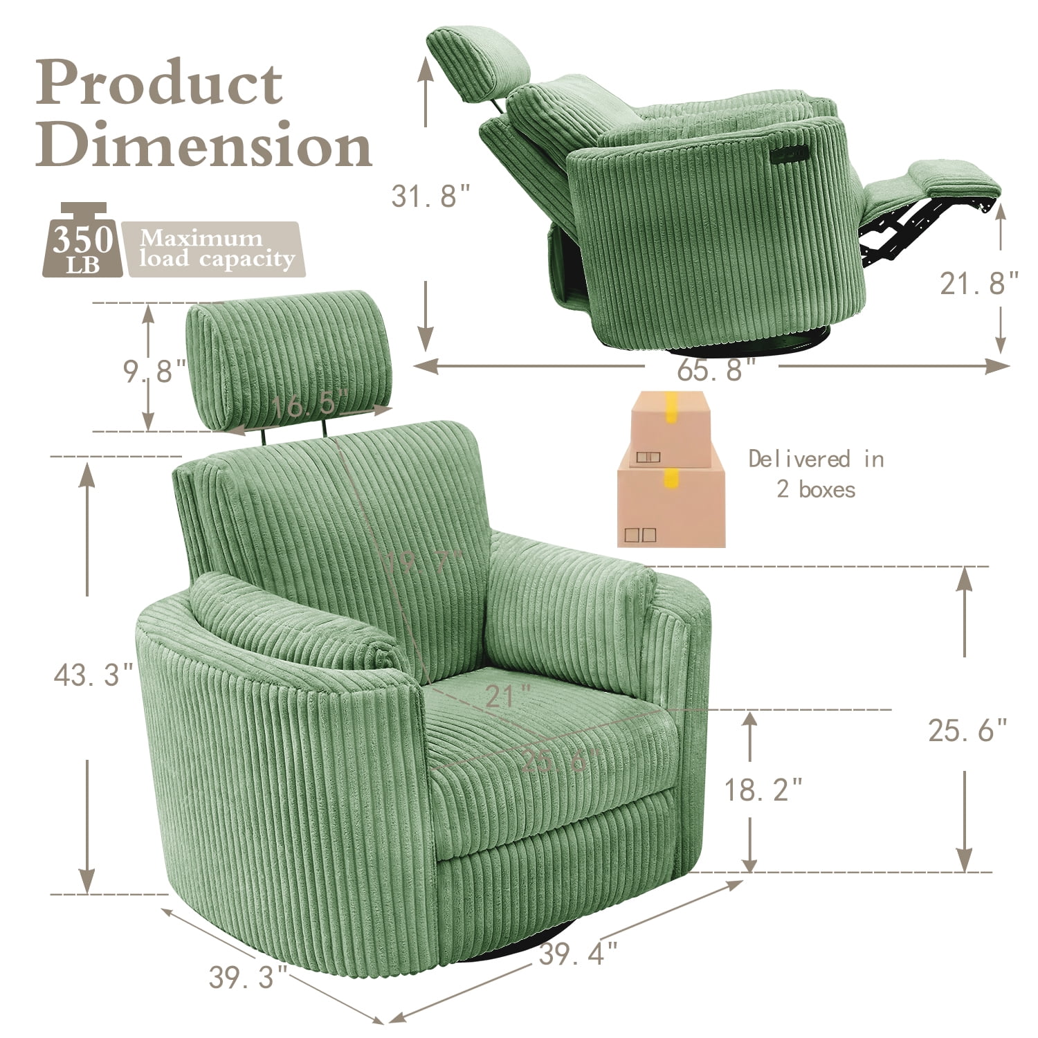 Cynefin Power Recliner Swivel Rocking Nursery Glider Rocker Chair with Headrest, USB and Type-c Port, Corduroy Electric Reclining Sofa Chair Arm Chair for Living Room
