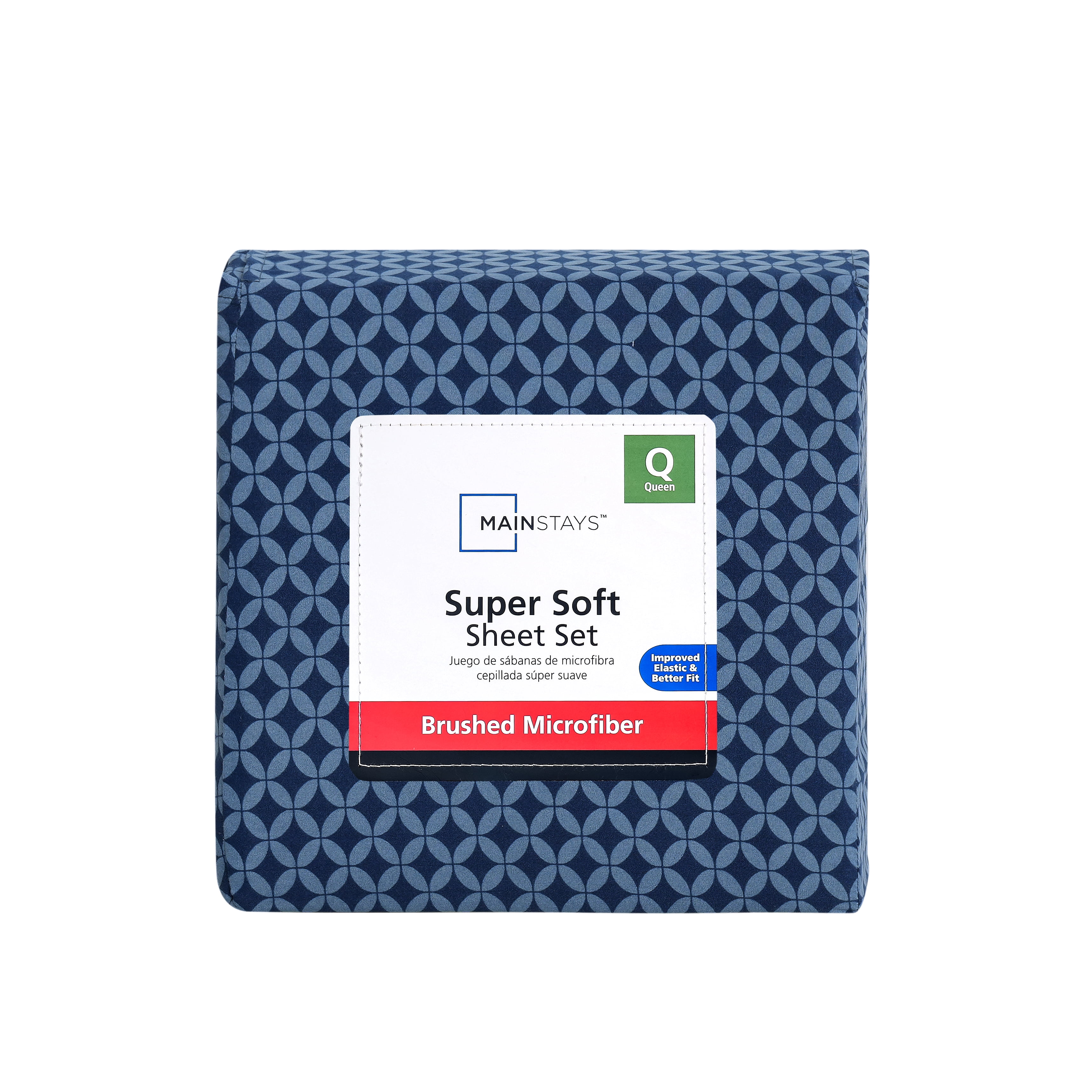 Mainstays Super Soft Brushed Microfiber Bed Sheet Set, Navy Geo, Queen, 4 Piece