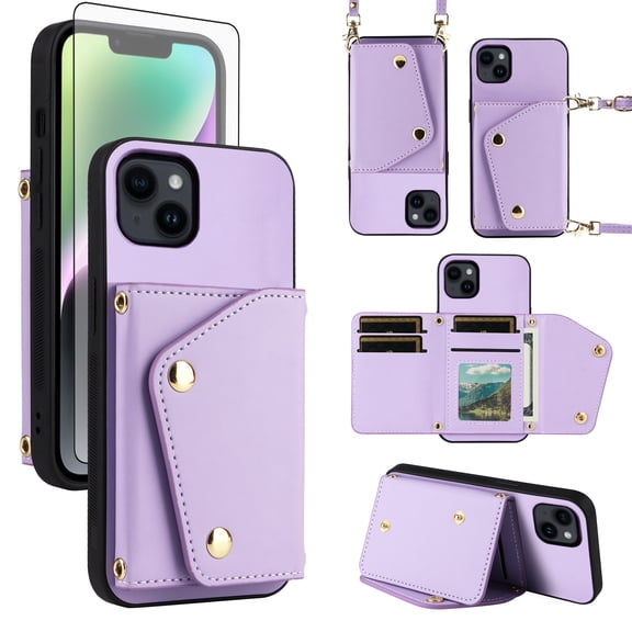 Furiet Luxury Wallet Case for iPhone 15 Plus 6.7 inch with Tempered Glass Card Slots Thin Slim Flip Purse & Shoulder Strap, Credit Card Holder Stand Phone Cover for i Phone15 15 i15 15Plus Purple