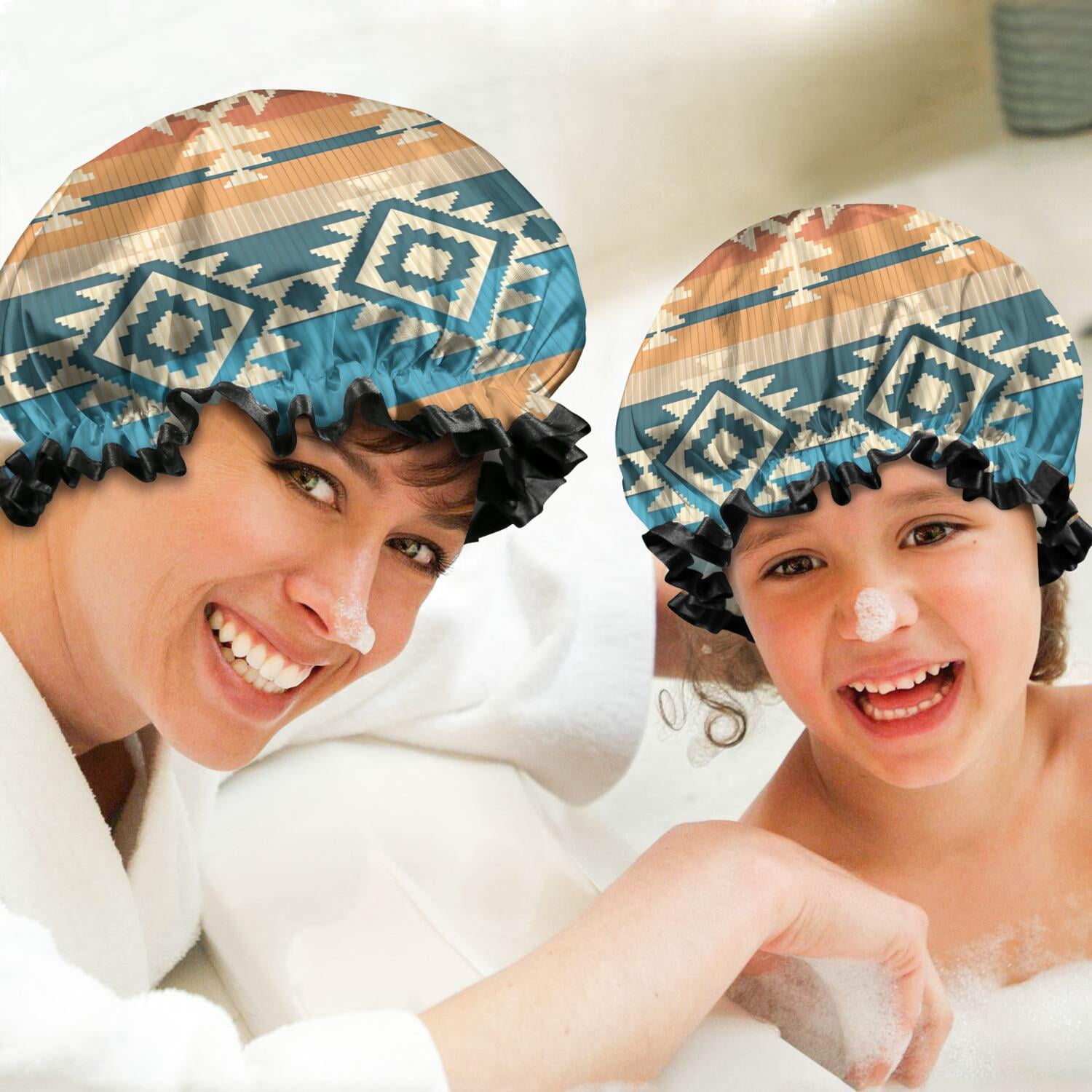 Shower Caps,Brown Ethnic Geometric Pattern Waterproof Shower Cap for Women 4 Pieces,Double Reusable Hair Cover for Shower PEVA Elastic Stretch Hem