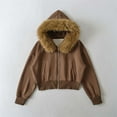 thumbnail image 4 of Women's Winter Warm Jackets Faux Fur Collared Cropped Sweatshirts Casual Full Zip Long Sleeve Bomber Jackets with Pockets (S, Coffee), 4 of 6