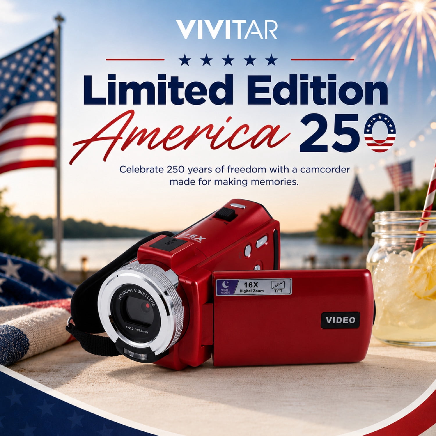 Vivitar PopCam America 250 Digital Camcorder – USA Celebration Edition, Old Glory Red, 48MP, Full HD 1080P Video, 3" Flip Screen, 16X Digital Zoom Camcorder with Built-in Mic for Vlogging & Travel