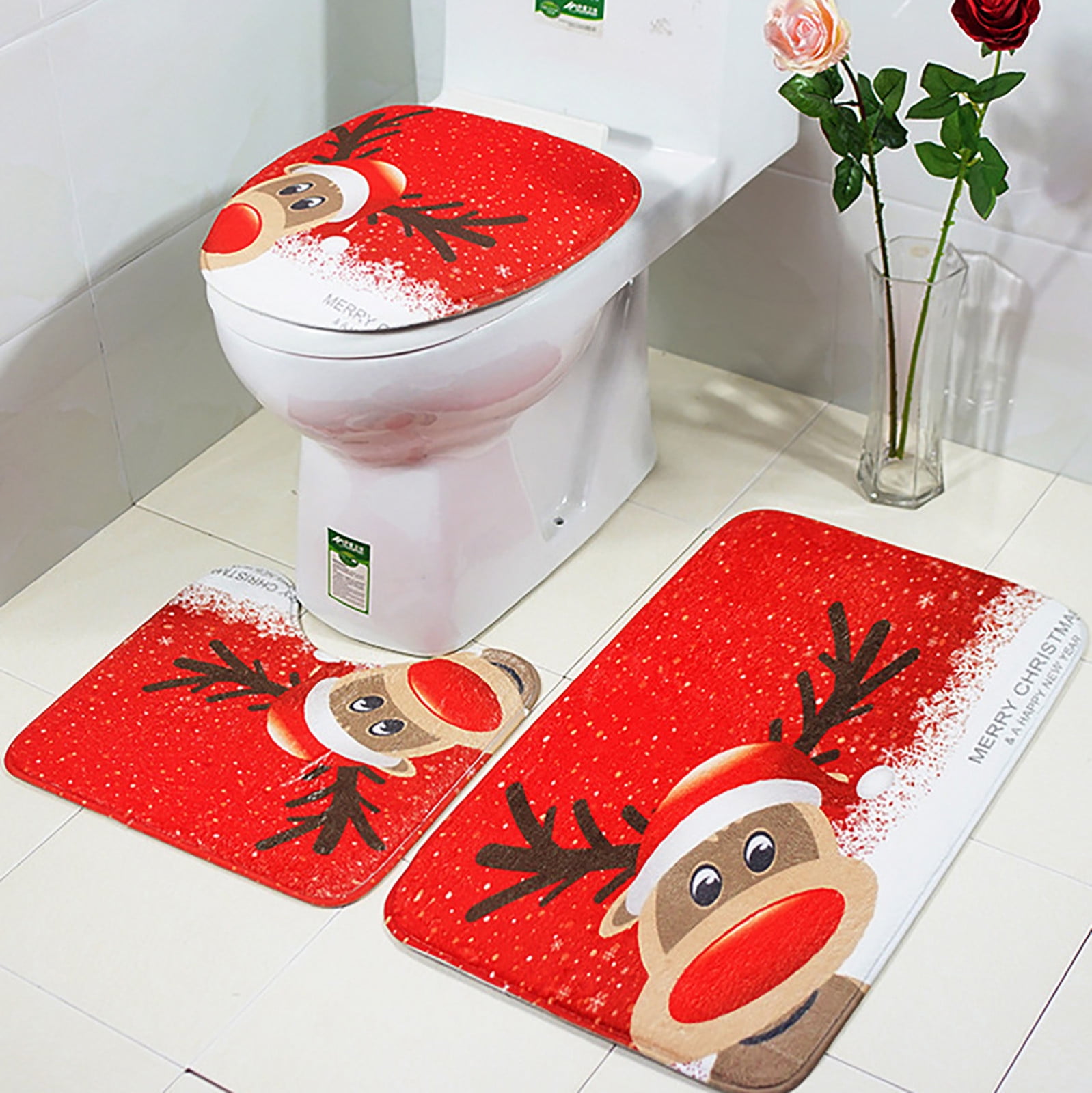 3Pcs Christmas Bathroom Non-Slip Pedestal Rug+Lid Toilet Cover+Bath Mat Set New 