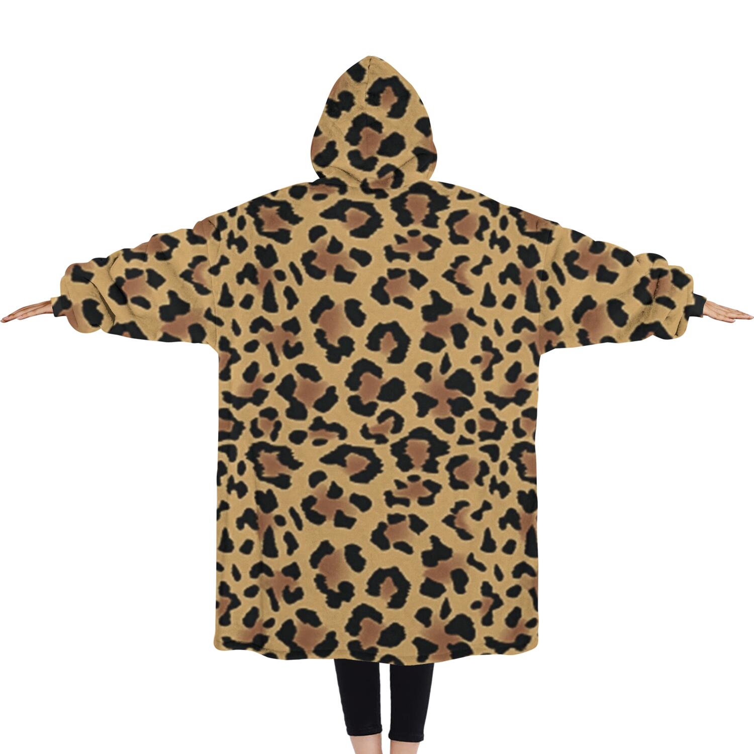Oversized Wearable Blanket Hoodie,Brown and Black Leopard Print Sherpa Blanket Hoodie with Super Pockets,Super Warm Fuzzy Pullover for Women & Men