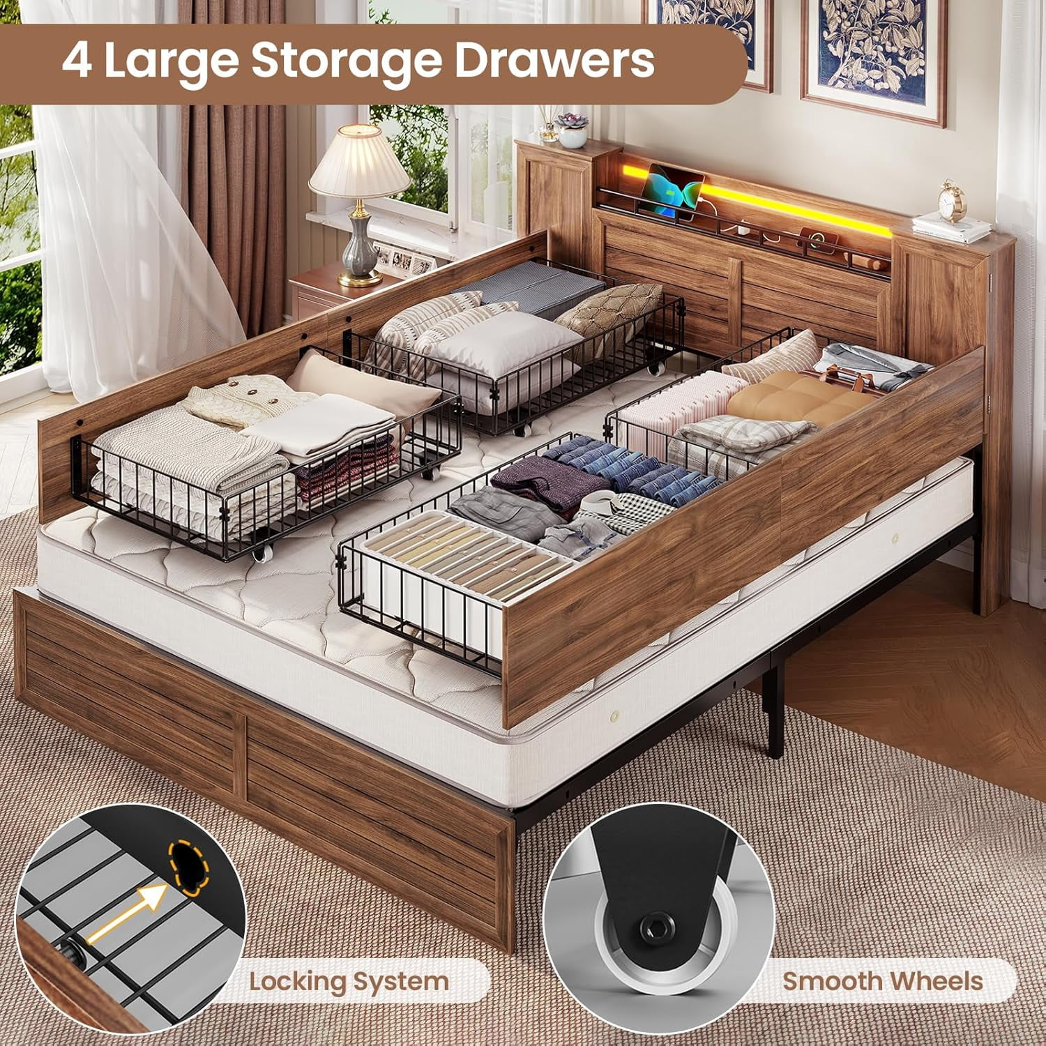 Farmhouse Bed Frame Queen Size with Headboard and Double Barn Door Storage Cabinets LED Rustic Wooden Bed with Charging Station and 4 Drawers Brown