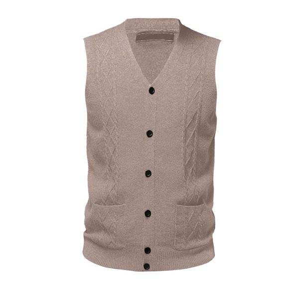 Men's V‑Neck Knit Sweater Vest, Cable Knit Button Down Sleeveless Cardigan Vest With Pockets(Khaki,M)