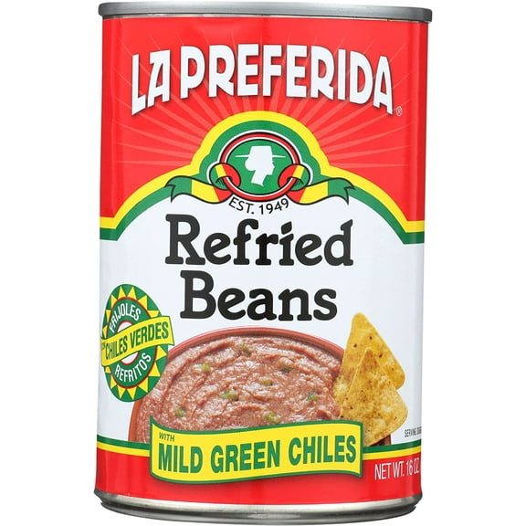 Pack of 12, La Preferida Mild Green Chile Refried Beans, 16 oz