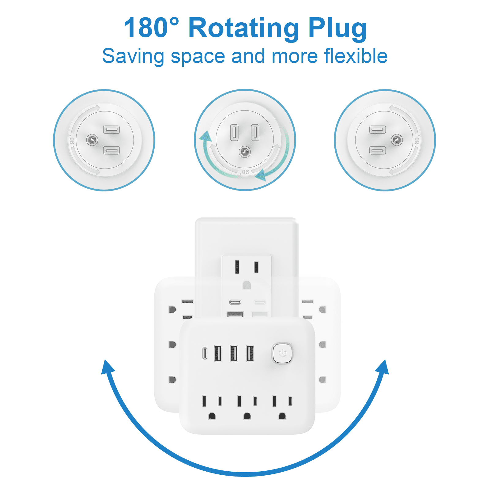 USB Outlet Extender Surge Protector - Multi Plug Outlet with Rotating Plug, 3-Sided Swivel Power Strip with 3 AC Spaced Outlet Splitter and 3 USB Ports (1 USB C) for Travel, Home, Office,ETL（White）