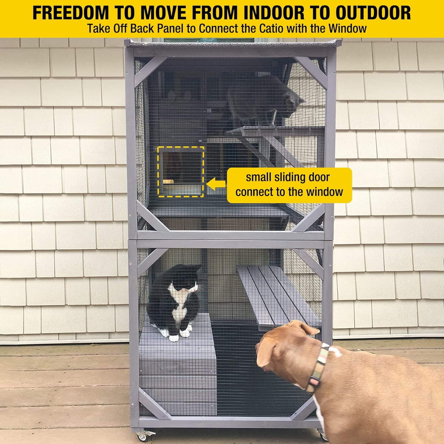 Aivituvin Catio Outdoor Cat House Wooden Cat Enclosure Resting Box with 3 Platforms, 71 inch Kitten Condo Pets Cage, Gray